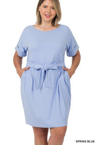 ZENANA PLUS BRUSHED DTY TIE-BELT DRESS