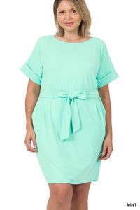 ZENANA PLUS BRUSHED DTY TIE-BELT DRESS