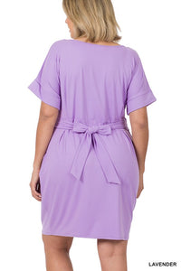 ZENANA PLUS BRUSHED DTY TIE-BELT DRESS