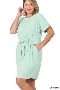 ZENANA PLUS BRUSHED DTY TIE-BELT DRESS