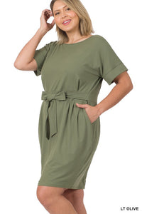 ZENANA PLUS BRUSHED DTY TIE-BELT DRESS