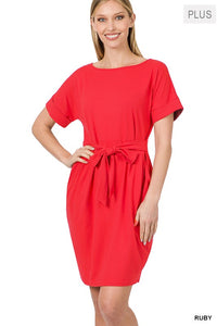 ZENANA PLUS BRUSHED DTY TIE-BELT DRESS