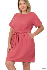 ZENANA PLUS BRUSHED DTY TIE-BELT DRESS