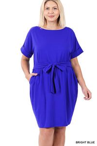 ZENANA PLUS BRUSHED DTY TIE-BELT DRESS