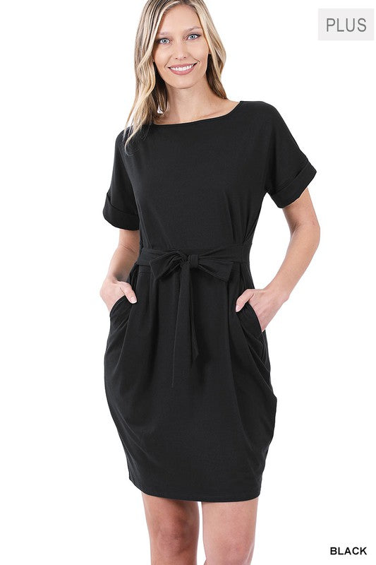 ZENANA PLUS BRUSHED DTY TIE-BELT DRESS