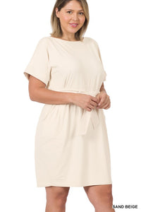 ZENANA PLUS BRUSHED DTY TIE-BELT DRESS