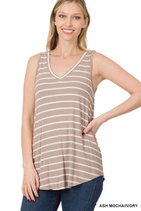 ZENANA STRIPE SLEEVELESS V-NECK TOP