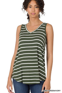 ZENANA STRIPE SLEEVELESS V-NECK TOP