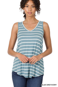 ZENANA STRIPE SLEEVELESS V-NECK TOP