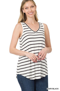 ZENANA STRIPE SLEEVELESS V-NECK TOP