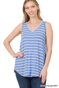 ZENANA STRIPE SLEEVELESS V-NECK TOP