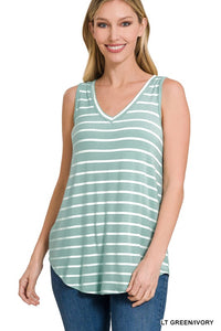 ZENANA STRIPE SLEEVELESS V-NECK TOP