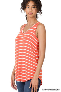 ZENANA STRIPE SLEEVELESS V-NECK TOP