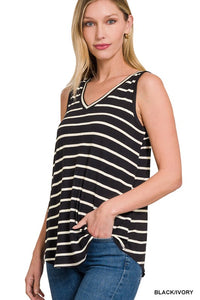 ZENANA STRIPE SLEEVELESS V-NECK TOP