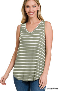 ZENANA STRIPE SLEEVELESS V-NECK TOP