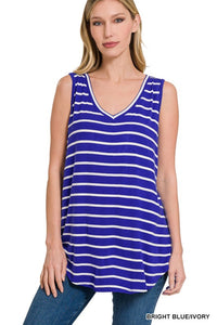 ZENANA STRIPE SLEEVELESS V-NECK TOP