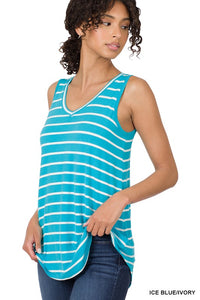 ZENANA STRIPE SLEEVELESS V-NECK TOP