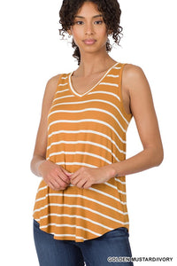 ZENANA STRIPE SLEEVELESS V-NECK TOP