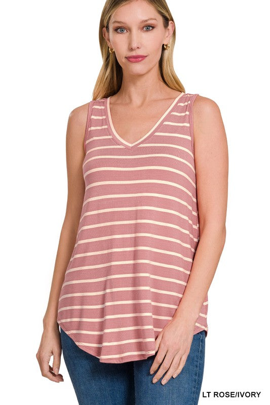 ZENANA STRIPE SLEEVELESS V-NECK TOP