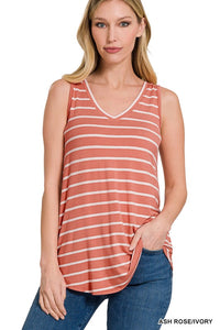 ZENANA STRIPE SLEEVELESS V-NECK TOP