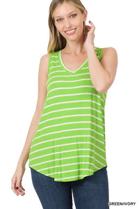 ZENANA STRIPE SLEEVELESS V-NECK TOP