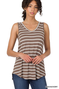 ZENANA STRIPE SLEEVELESS V-NECK TOP