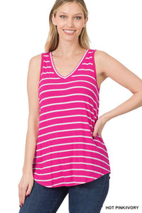 ZENANA STRIPE SLEEVELESS V-NECK TOP