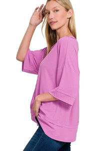  Ribbed Boat Neck 3/4 Sleeve Top Side