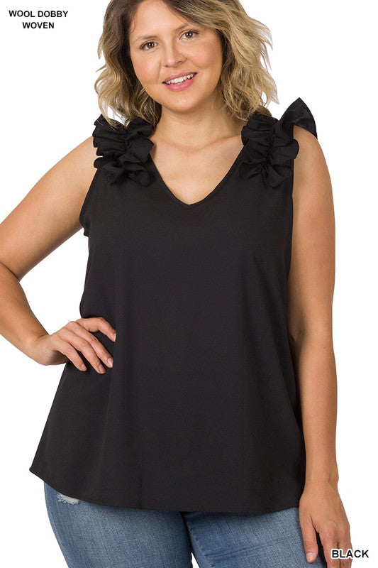 ZENANA PLUS WOVEN WOOL DOBBY RUFFLE TRIM SLEEVELESS TOP