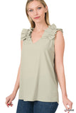 ZENANA WOVEN WOOL DOBBY RUFFLE TRIM SLEEVELESS TOP