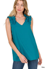 Load image into Gallery viewer, ZENANA WOVEN WOOL DOBBY RUFFLE TRIM SLEEVELESS TOP