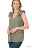 ZENANA WOVEN WOOL DOBBY RUFFLE TRIM SLEEVELESS TOP