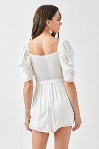 PLEATED PUFF SLEEVE OVERWRAP ROMPER