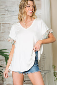 Orange Farm Clothing Ruffle Sleeve Contrast V Neck