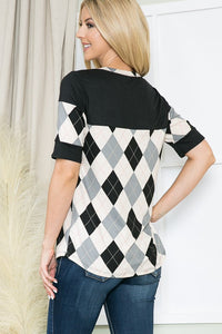 Orange Farm Clothing Argyle Print Button Front Jersey Top