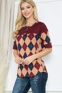 Orange Farm Clothing Argyle Print Button Front Jersey Top