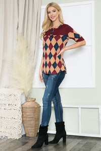 Orange Farm Clothing Argyle Print Button Front Jersey Top