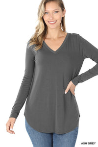 ZENANA Long Sleeve V-Neck Round Hem Top