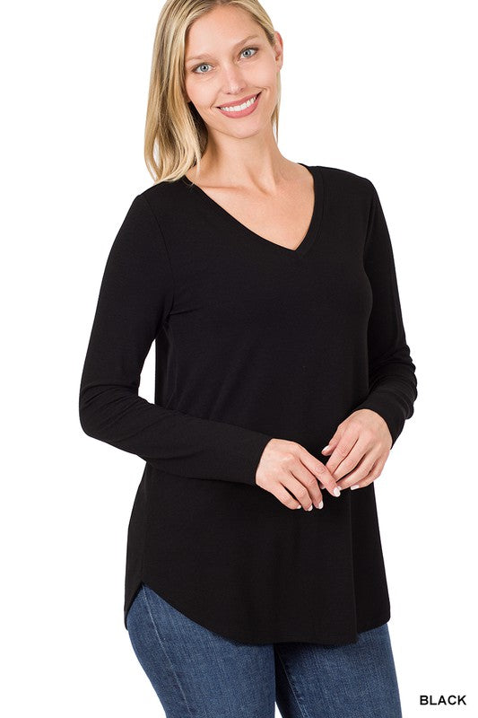 ZENANA Long Sleeve V-Neck Round Hem Top