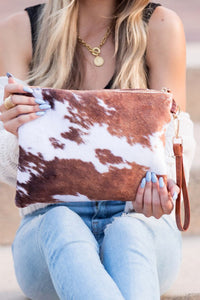 Aili's Corner Faux Fur Cow Animal Print Clutch