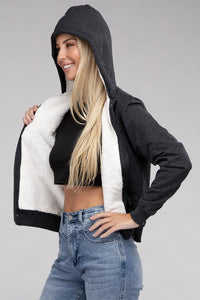 Ambiance Apparel Fuzzy Trim Zip-Up Crop Hoodie