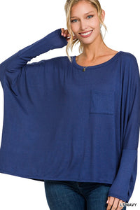 ZENANA DOLMAN SLEEVE ROUND NECK TOP WITH FRONT POCKET