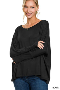 ZENANA DOLMAN SLEEVE ROUND NECK TOP WITH FRONT POCKET