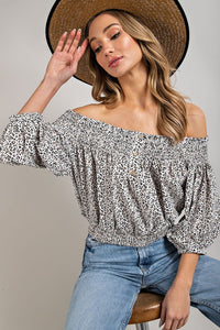 eesome ANIMAL PRINT SMOCKED OFF THE SHOULDER TOP