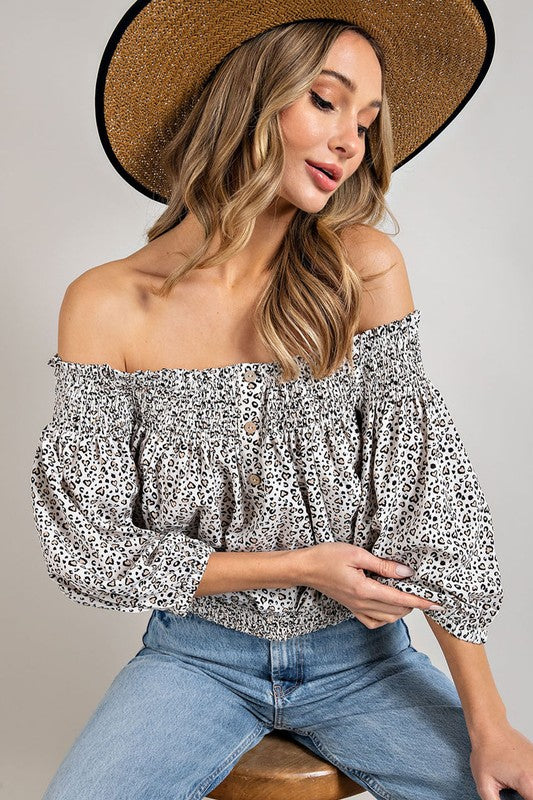 eesome ANIMAL PRINT SMOCKED OFF THE SHOULDER TOP