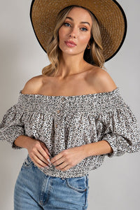 eesome ANIMAL PRINT SMOCKED OFF THE SHOULDER TOP