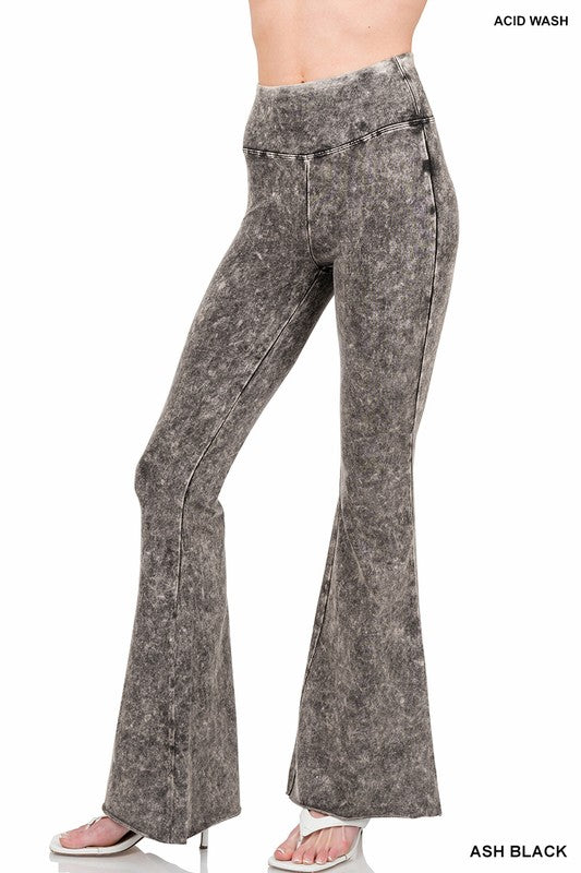 ZENANA ACID WASH HIGH WAIST RAW EDGE HEM PANTS