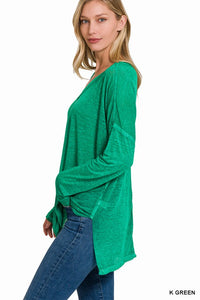 ZENANA MELANGE BURNOUT DOLMAN SLEEVE V-NECK TOP