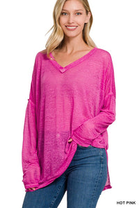 ZENANA MELANGE BURNOUT DOLMAN SLEEVE V-NECK TOP