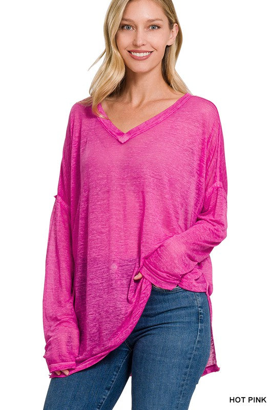 ZENANA MELANGE BURNOUT DOLMAN SLEEVE V-NECK TOP